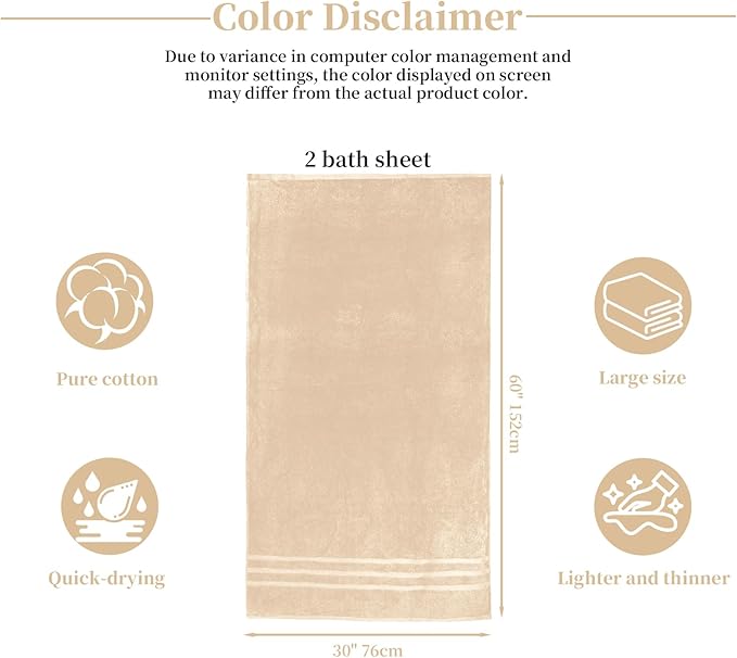Cotton Bath Towel – Large 30x60 Inches, Soft, Thick & Absorbent Towel for Bathroom, Spa, or Home Use (Beige, 2 Pack – 30"x60")