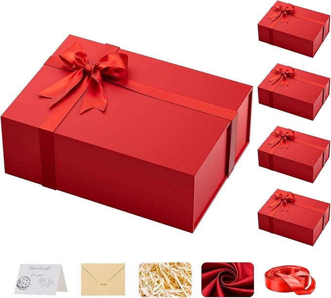 Large Red Gift Box with Lid: 5 Pack 13.5×10×5 Inches - Strong Magnetic Closure for Valentines Christmas Bridesmaid Gifts – Perfect for Couples Friends Family