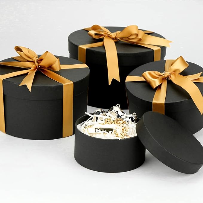 Bengnkes Round Gift Box Black Gift Boxes with Lids for Presents 4 Packs Luxury Nesting Gift Boxes Small with 17ft Ribbon for Bridesmaid Valentines Mother's day Graduation