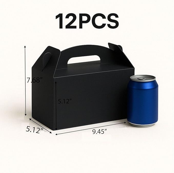 xiepipipaper 12Pack Large Party Favor Boxes,Black Treat Boxes, (9.45 * 5 * 5"),Large Goodie Boxes, Gable Gift Boxes with Handles,Candy Boxes for Kids Birthday Baby Shower Wedding Halloween Christmas.