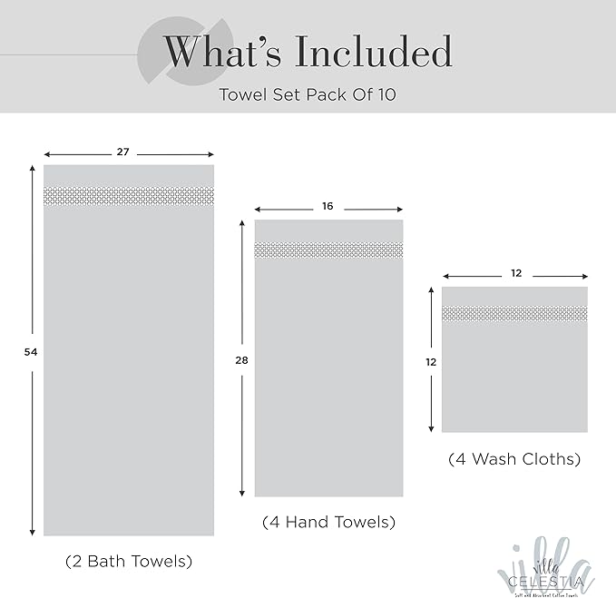 100% Combed Cotton Bathroom Towel Set of 10-2 Bath Towels, 4 Hand Towels, 4 Wash Cloths, Sustainable, Soft, Highly Absorbent 10 Piece Cotton Bath Towel Set Ideal for Hotels, Spa, Bathroom, Dorm, White