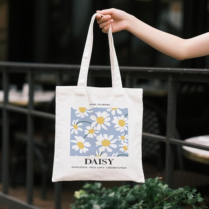 Flower Canvas Tote Bag, April Daisy Reusable Shoulder Bags, Gifts to Sister and Friends, Holiday Gift Bags for Wrap Storage, Casual Canvas Totes for Work Traveling