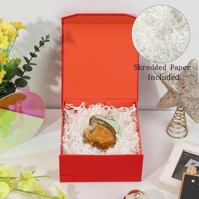 6 Pcs Small Red Gift Box 6x6x3 Inch Magnetic Gift Box Small Magnetic Box with Crinkle Paper Red Small Gift Box with Shredded Paper Luxury Gift Boxes with Lids for Presents
