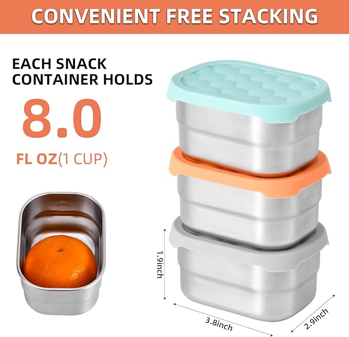 UPTRUST Stainless Steel Snack Containers for Kids, Easy Open Leak Proof, Small Food Containers with Silicone Lids, Perfect Metal Lunch Box for Daycare and School (3pcs 8oz)
