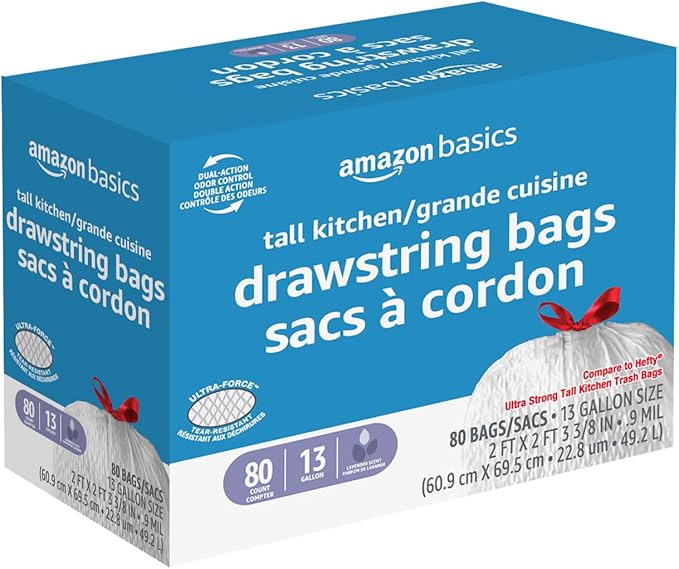Amazon Basics Ultra-Force Tall Kitchen Drawstring Trash Bags, Lavender Scented, 13 Gallon, 80 Count, Pack of 1