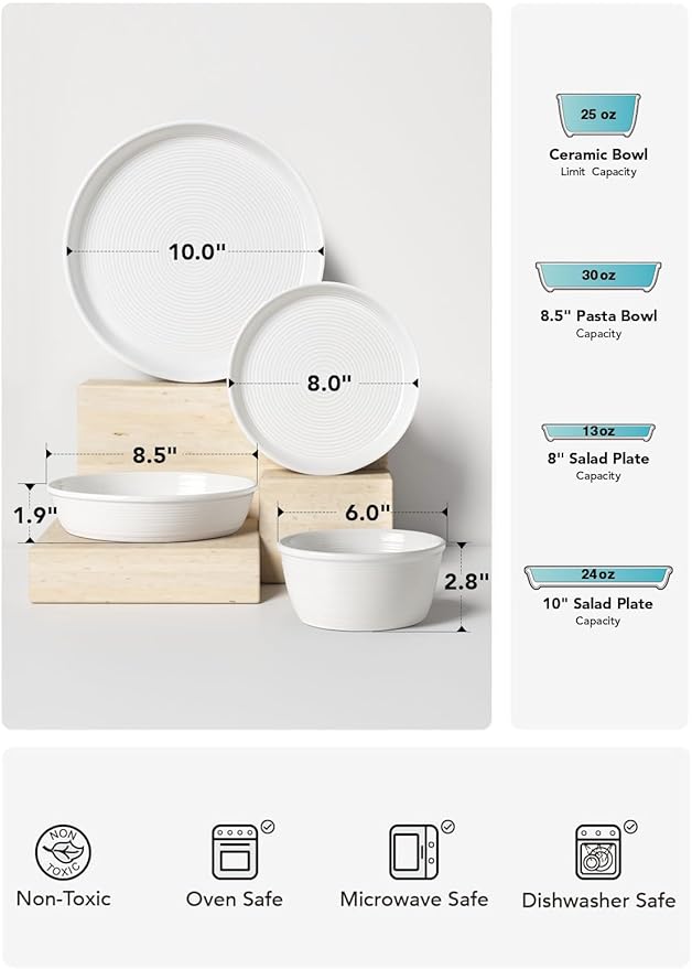 LE TAUCI Dishes Set with Pasta Bowls for 4, Stoneware Dinnerware Set, 10" Dinner & 8" Salad Plates, 6" Bowls, 8.5" Pasta (30 oz), Stackable, Microwave & Dishwasher Safe Ceramic, 16-Piece, White