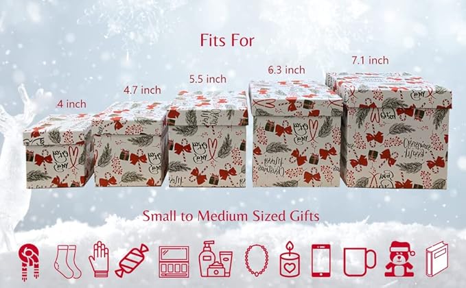 UNIQOOO 5PCS Christmas Nesting Gift Boxes with Lid, Nested Box Set, 5 Sizes, Square Stackable, Red White Green, Xmas Berry Candy Cane Paper Box Tower Décor, Holiday Thanksgiving New Year Packaging
