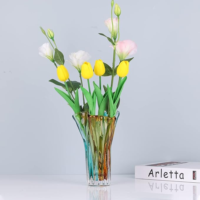 Hand Blown Wide Mouth Petal Glass vase, Colorful Modern Glass Art Home Decoration vase for Family Living Room, Wedding Venue, Dining Table Centerpiece, entryway Tabletop