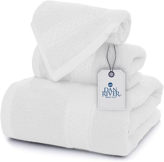 DAN RIVER 100% Ring Spun Cotton 3-Piece Towel Set, White, Bath Towel, Hand Towel and Washcloths, 550 GSM - Soft, Absorbent Quick Dry Cotton Towels for Bathroom, Spa, and Gym