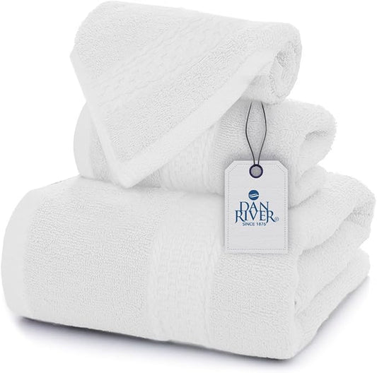 DAN RIVER 100% Ring Spun Cotton 3-Piece Towel Set, White, Bath Towel, Hand Towel and Washcloths, 550 GSM - Soft, Absorbent Quick Dry Cotton Towels for Bathroom, Spa, and Gym