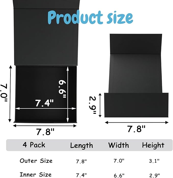 Schliersee 4 Packs 7.8x7x3.1 Gift Box with Magnetic Closure Lid for Present, Black Gifts Wrap Box for Birthday, Wedding, Groomsmen Bridesmaid