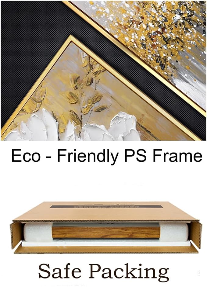 Hand-Painted Floral Canvas Oil Painting for Living Room,Framed 3D Gold and White Abstract Wall Art for Bedroom, Large 3 Pieces Flowerl Wall Painting for Office Kitchen Bathroom Home Decor 24x64 inches