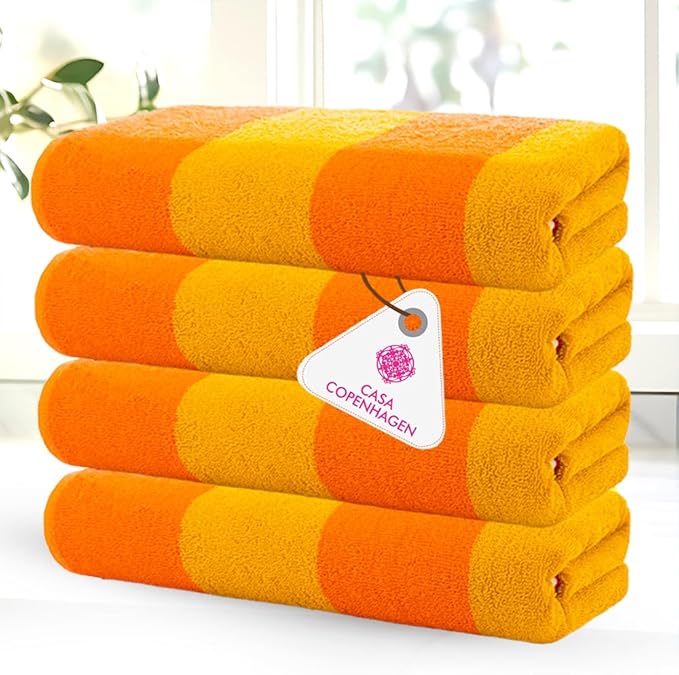 CASA COPENHAGEN Malibu Beach Towels Designed in Denmark Rough and Tough, Quick Dry, for Pool, Bath & Shower 30x60 inches 4 Pieces Cotton Beach Bath Towels Set - Orange