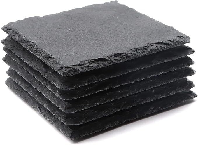 6 Pack Square Slate Drink Coasters, VIBRATITE 4 Inch Black Slate Stone Coasters Bulk Cup Coaster Laser Engraving Blanks with Anti-Scratch Bottom for Drink Coffee Bar Kitchen Home Decor