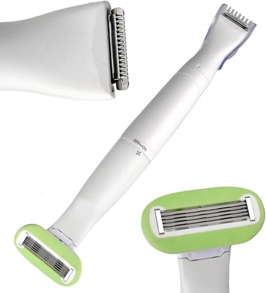 2-in-1 Pubic Hair Trimmer for Women & Men,Electric Bikini Shaver with Thinning Clipper & Manual Safety Razor,Painless Body Haircut Remover for Intimate Area,Armpit,Leg,Battery Operated