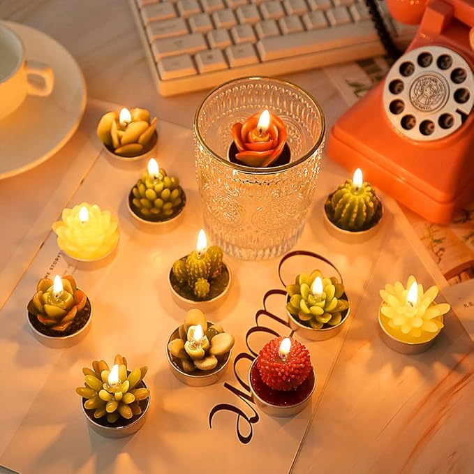 12pcs Cactus Tealight Candles Handmade Delicate Succulent Tea Lights Candle Perfect for Birthday Party Wedding Spa Home Decor Gifts (12pcs Cactus Candles)