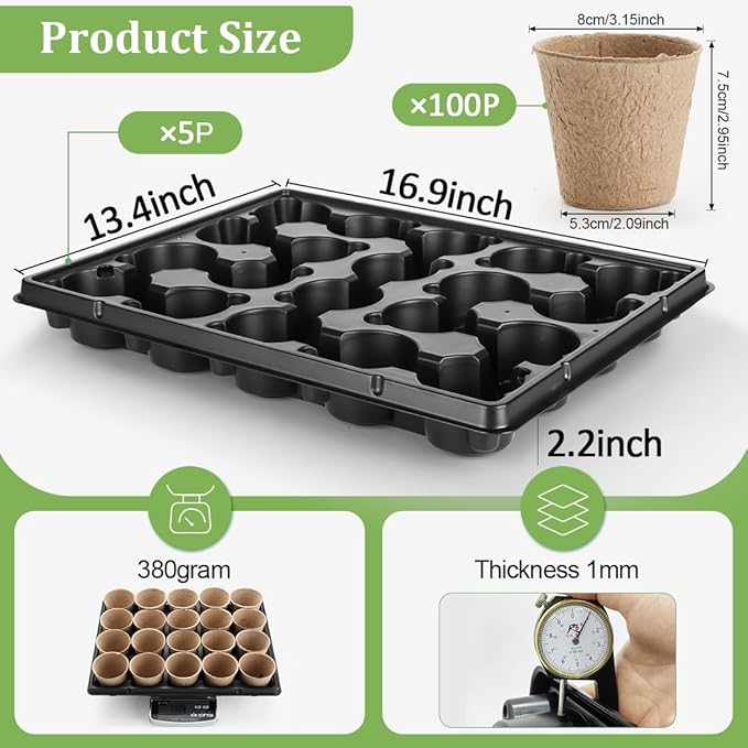 3.15 Inch Peat Pots 100 Pcs with 20 Cell Seedling Trays 5 Pcs, Biodegradable Seed Starter Pots with Drainage, Reusable Nursery Tray for Seed Starting Indoor Gardening Propagation Kit 5 Sets