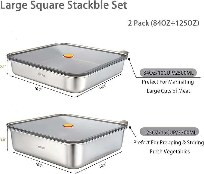 YUPER Stainless Steel Food Containers, Meal Prep Containers, Bacon Cheese Container for Refrigerator, Stainless Steel Containers with Lids Fruit Lunch Storage, 2 Pack (84+125OZ)