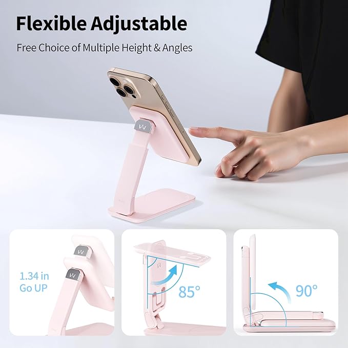 iWALK Magnetic Cell Phone Stand for Desk, Angle and Height Adjustable Mobile Phone Holder, Foldable Magnet Stand for iPhone 17 16 15 14 13 12 Pro Max and iPad, Cell Phone Holder for Samsung, Pink