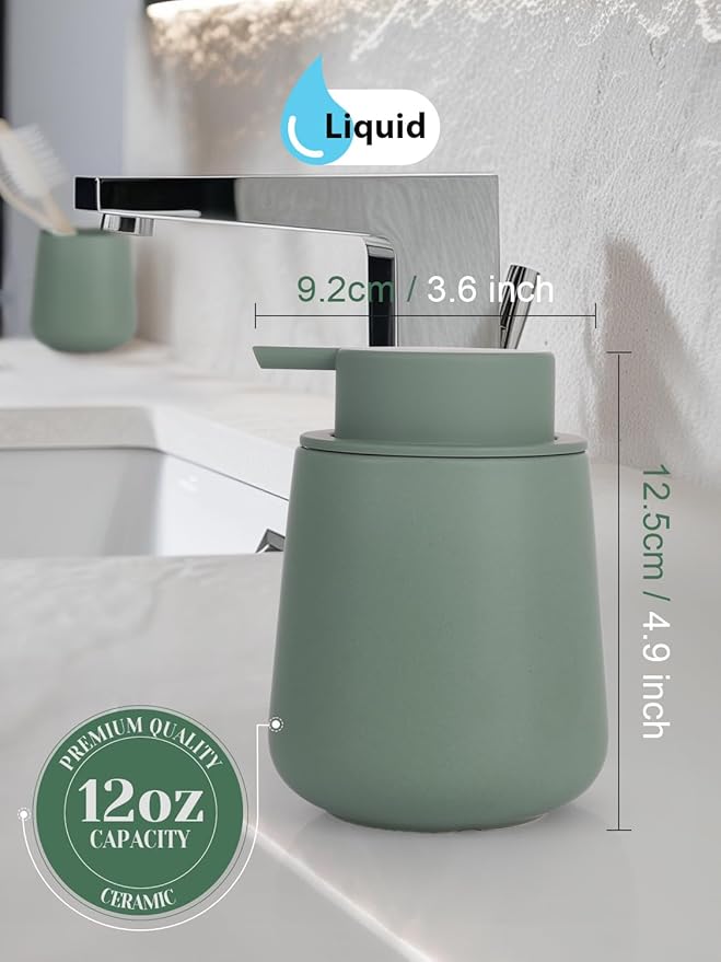 INGOFIN Ceramic Lotion Dispenser - 12oz Refillable Hand Soap Dispenser Bathroom, Modern Liquid Dispenser with Pump, Dish Dispenser for Kitchen, Matte Green