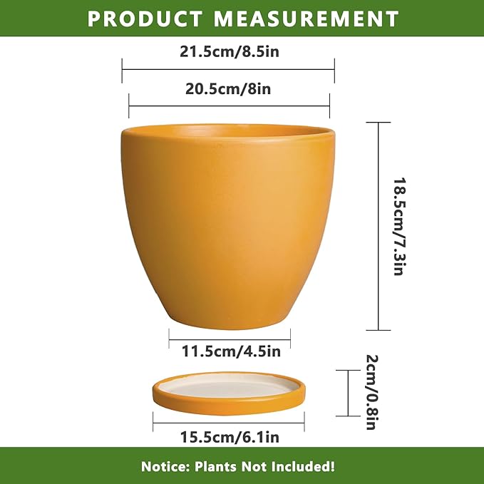 Ceramic Plant Pot - 8 Inch Planter for Indoor Outdoor Plants, Round Flower Pots with Drainage and Tray, Home Office Decor, Orange