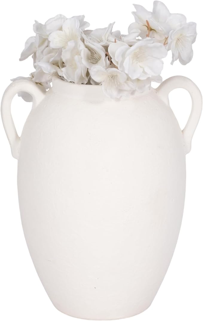 Sagebrook Home Stoneware Vase with Handles - Textured Decorative Pottery for Home & Office - Modern Rustic Accent for Living Room, Bedroom, or Table Centerpiece - 10" White