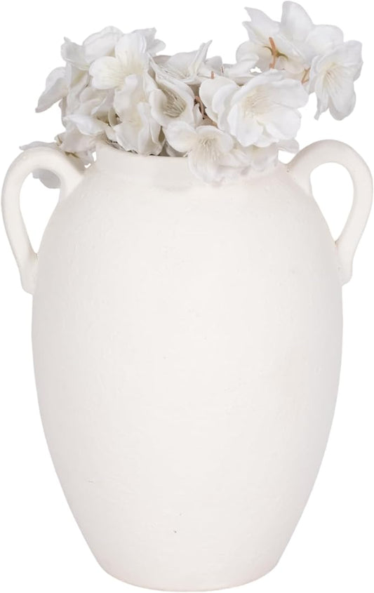 Sagebrook Home Stoneware Vase with Handles - Textured Decorative Pottery for Home & Office - Modern Rustic Accent for Living Room, Bedroom, or Table Centerpiece - 10" White
