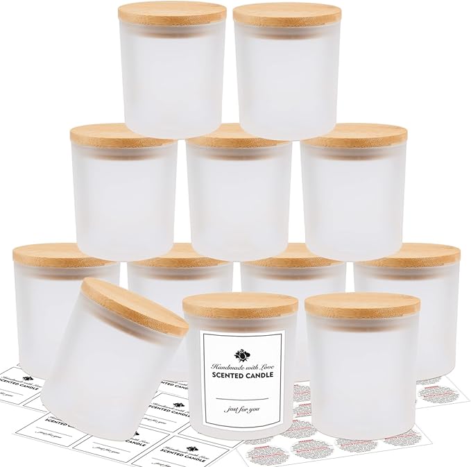 SUPMIND 12 Pack Glass Candle Jars-10oz Frosted Empty Candle Jars with Bamboo Lids and Sticky Labels, Bulk Candle Jars for Making Candles Containers - Dishwasher Safe