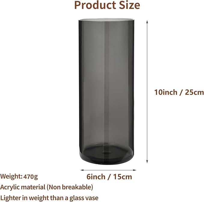 Flower Vase, Non-breakable Vases, 6" W x 10" H, Acrylic Grey Vase, Aesthetic Room Decor Cylindrical Modern Flower Vases for Table Centerpiece, Home Decor, Women Floral Arrangement Gift