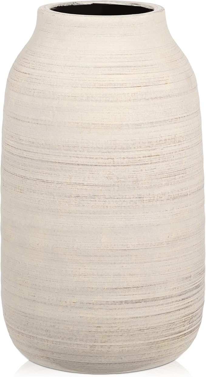 Briful 9.6in Large Rustic Shabby White Ceramic Vase,Vintage Farmhouse Flowers Vase,Shabby Terra Cotta Vase, Antique Pottery Decorative Pampas Vase for Home Office Table Shelf Mantel Porch Decorations