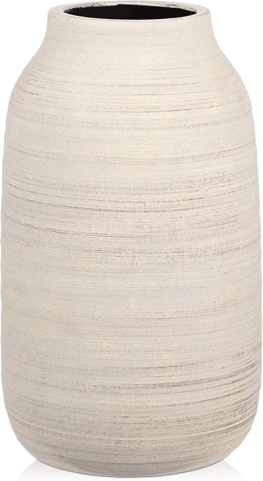 Briful 9.6in Large Rustic Shabby White Ceramic Vase,Vintage Farmhouse Flowers Vase,Shabby Terra Cotta Vase, Antique Pottery Decorative Pampas Vase for Home Office Table Shelf Mantel Porch Decorations