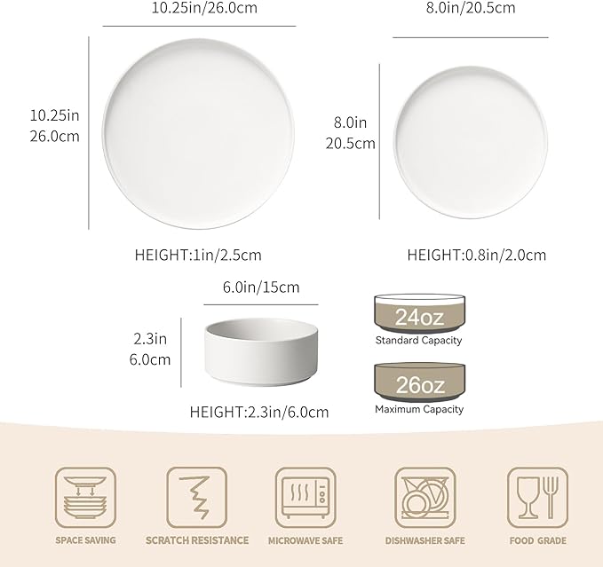GZG Classic Series - Plates and Bowls Set for 8, 24 Piece Stoneware Dinnerware Sets, Microwave and Dishwasher Safe Lead-Free Handcrafted Ceramic Dishes Set - Ivory White