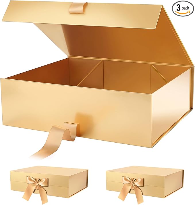 PACKHOME 17x14.5x5.5 Inches, 3 Extra Large Gift Boxes with Lids, Magnetic Closure Boxes with Ribbon for Clothes and Large Gifts (Glossy Gold)
