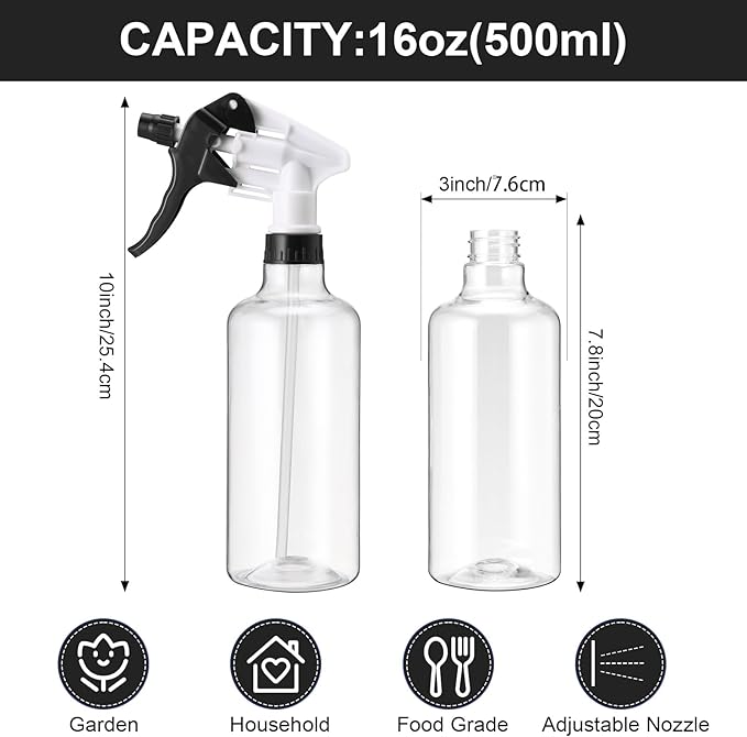 Eccliy 12 Pcs 16 Oz Plastic Spray Bottle, Adjustable Empty Reusable Sprayer for Cleaning, Planting, Water, Bathroom and Kitchen, BBQ, Commercial and Residential(Black,Clear)