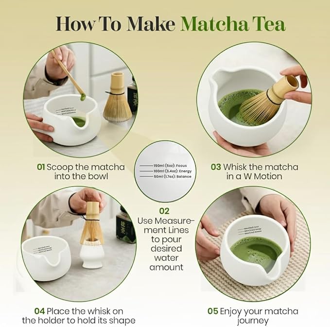 NEXTLUXE Matcha Whisk Set – Traditional Bamboo Chasen with Ceramic Bowl, Matcha Bowl and Whisk Kit - Measurement Lines, Spoon & Lid – White