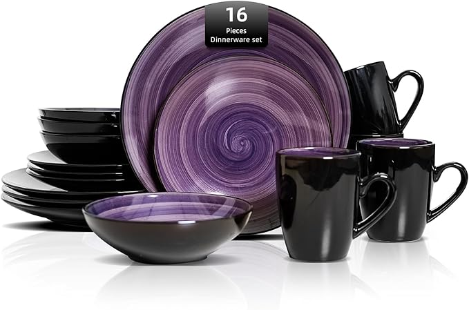 Sonoma 16-Piece Dinnerware Set - Serves 4, Black and Speckled Purple Plates & Bowls Set | Microwave & Dishwasher Safe, Spinwash Purple