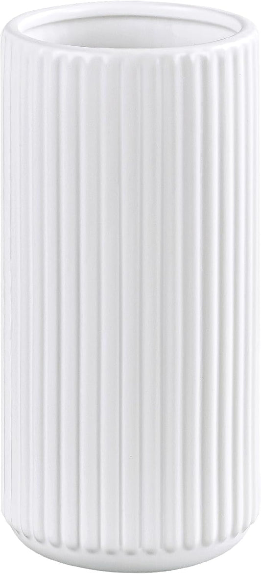 White Ceramic Flower Vase for Pampas Grass, 10 inch Large Decorative Centerpiece Ribbed Vase for Dining Table, Office Desktop, Shelf Bookshelf, Mantel, Entryway, Bathroom, Countertop, Farmhouse, Gift