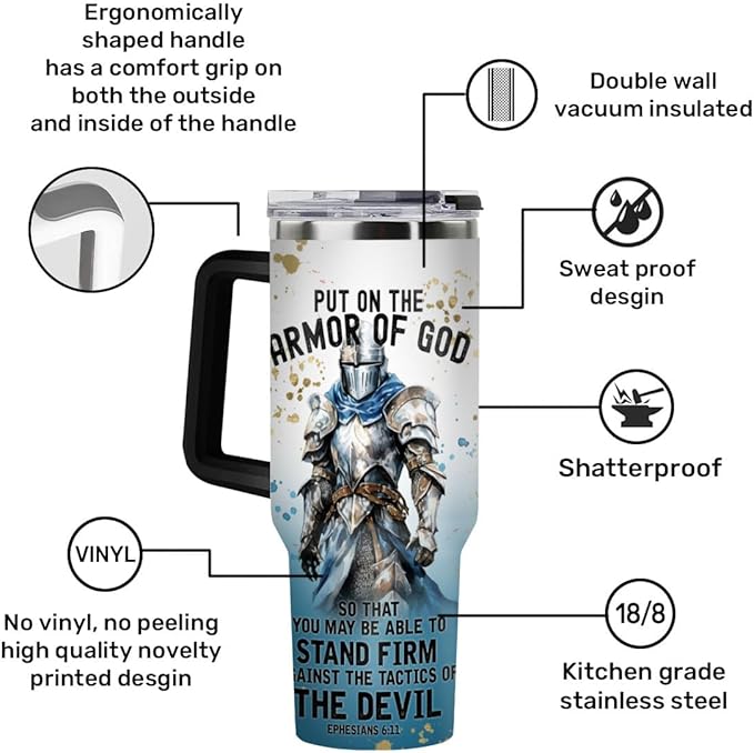 Jesuspirit Christian Gifts for Men, Women - Fathers Day, Pastor Appreciation Religious Gift - Christian Coffee Mug - Armor Of God Stainless Steel Tumbler (Armor Of God Men, 40OZ)
