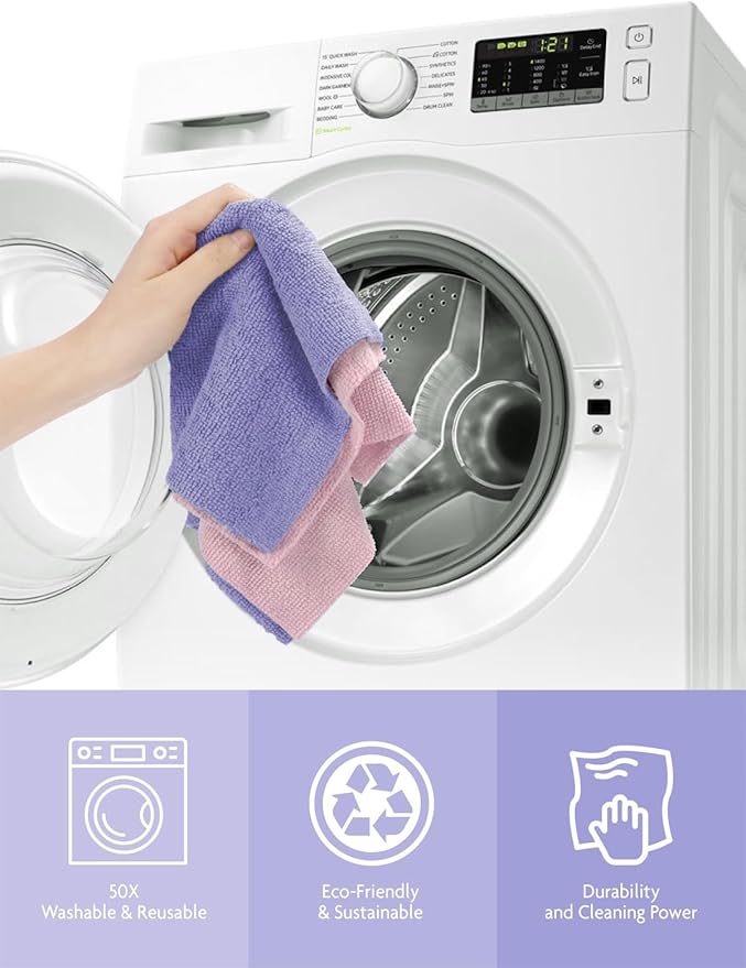 Fantasticlean Microfiber Cleaning Cloth Rolls -150 Pack, Tear Away Microfiber Towels, 12" x 12", Reusable, Washable, Ultra Absorbent Dishcloth for Home Supplies, Car, Pet, Kitchen (Pink & Lavender)