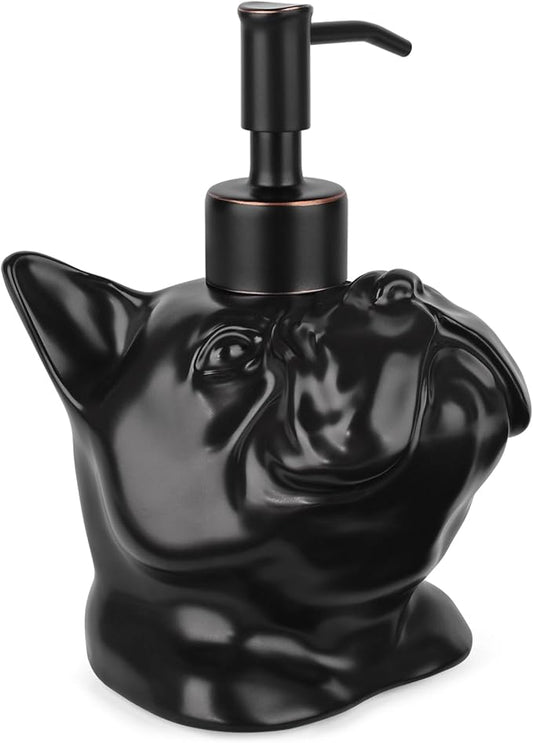 French Bulldog Shaped Soap/Lotion/Hand Sanitizer Bulldog Ceramic Stainless Steel Pump Dispenser Gifts for Lover, Refillable for Kitchen and Bathroom(Black)