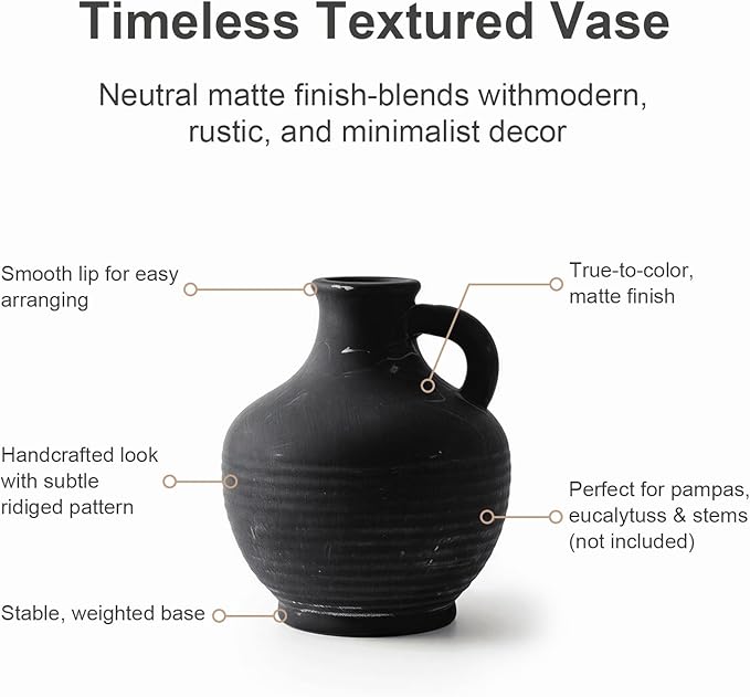 6-Inch Black Ceramic Flower Vase with Handles, Rustic Farmhouse Boho Pottery Centerpiece for Table, Living Room, Shelf & Mantel