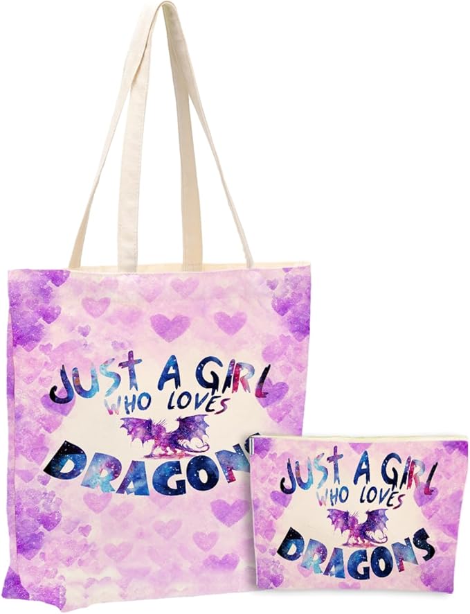 jeilink A Girl Loves Dragons Dragon Gifts Dragon Stuff Decor Canvas Tote Bag Makeup Bag Gifts for Women Girls Sister Friend Birthday Friendship Christmas Weekender Beach Shopping Bags for Work Office