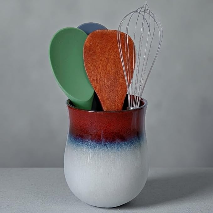 Medium Ceramic Kitchen Utensil Holder for Kitchen Counter Short Cooking Utensil Holder for Countertop Spatula Holder Small Utensil Crock Cutlery Holder Silverware Caddy Flower Vase (Retro Red)