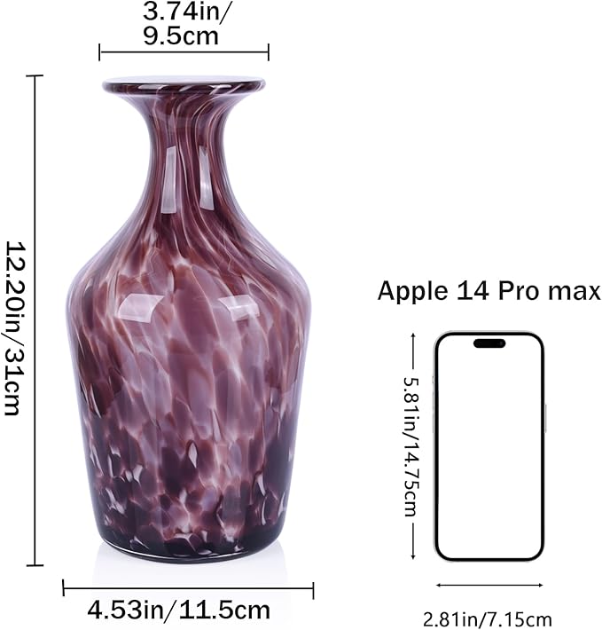 12.2" Tall Hand Blown Glass Vase – Pretty Red Purple Decorative Flower Vase, Modern Vintage Fusion Home Decor, Colorful Murano Glass Vases for Table Centerpieces, Living Room, Bathroom, Entry Table