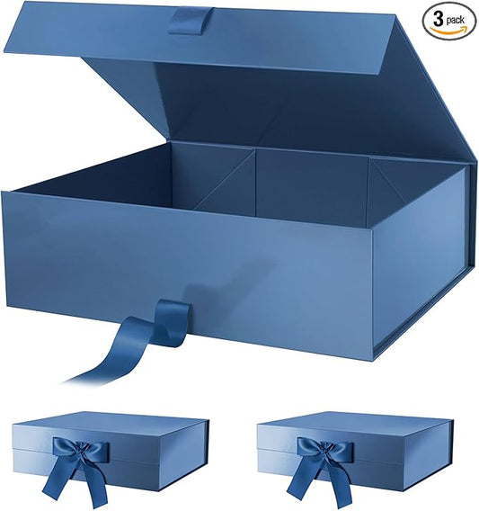 PACKHOME 17x14.5x5.5 Inches, 3 Extra Large Gift Boxes with Lids, Magnetic Closure Boxes with Ribbon for Clothes and Large Gifts (Glossy Blue)