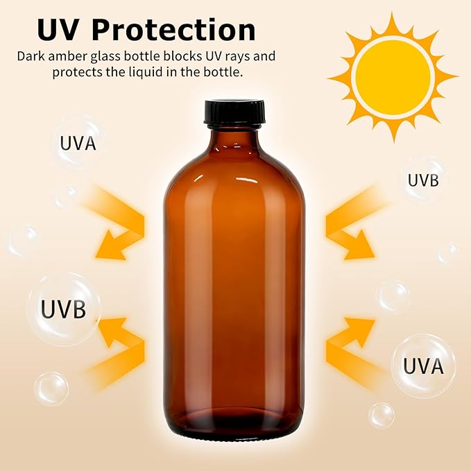 15 Pack 16 oz Amber Glass Boston Round Bottles with Phenolic Polycone Caps – Airtight, Leak-Proof Brown Bottles for Kombucha Brewing, Storing Condiments, Essential Oils, and Homemade Solutions