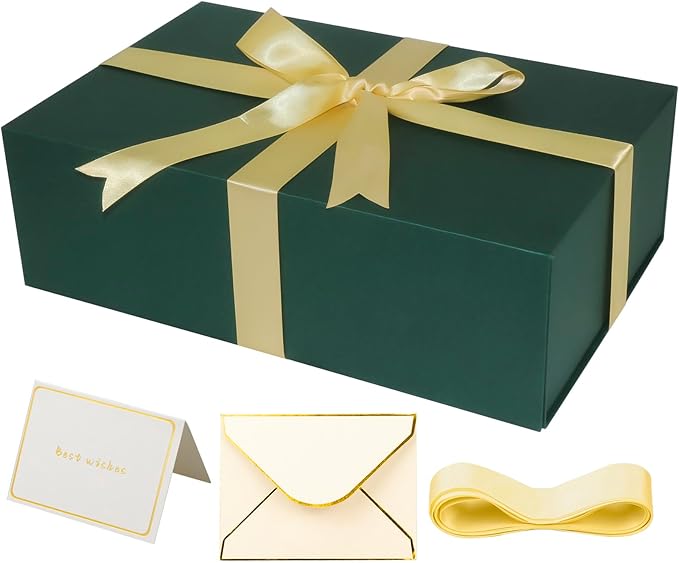 YINUOYOUJIA Large Green Gift Boxes with Lid,14"x9"x4.5" Magnetic Gift Box with Ribbon,Cards and Envelopes for Presents,Great for Wedding,Birthdays,Crafting,Gift Packaging.