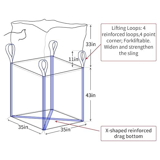 2 Pack FIBC Bulk Bag, Flexible Bulk Bags1.5 Ton Bag, 35"L x 35"W x 43"H, 3300lbs SWL, Duffle Top Flat Bottom Heavy Duty, Woven Polypropylene Waste Bag