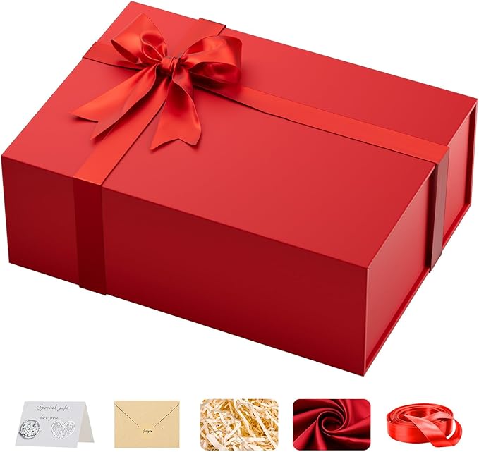 Large Red Gift Box with Lid: 13.5×10×5 Inches - Strong Magnetic Closure for Valentines Christmas Bridesmaid Gifts – Perfect for Couples Friends Family