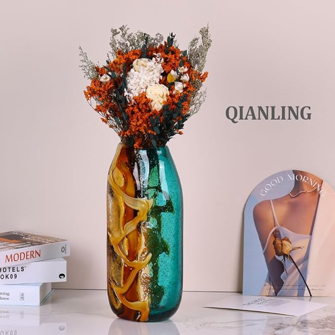 Handcrafted Glass Vase with Amber and Turquoise Colors - Artistic Decorative Flower Vase for Home Decor, Modern Art Piece for Living Room, Dining Table, and Office Desk (13.8 in)